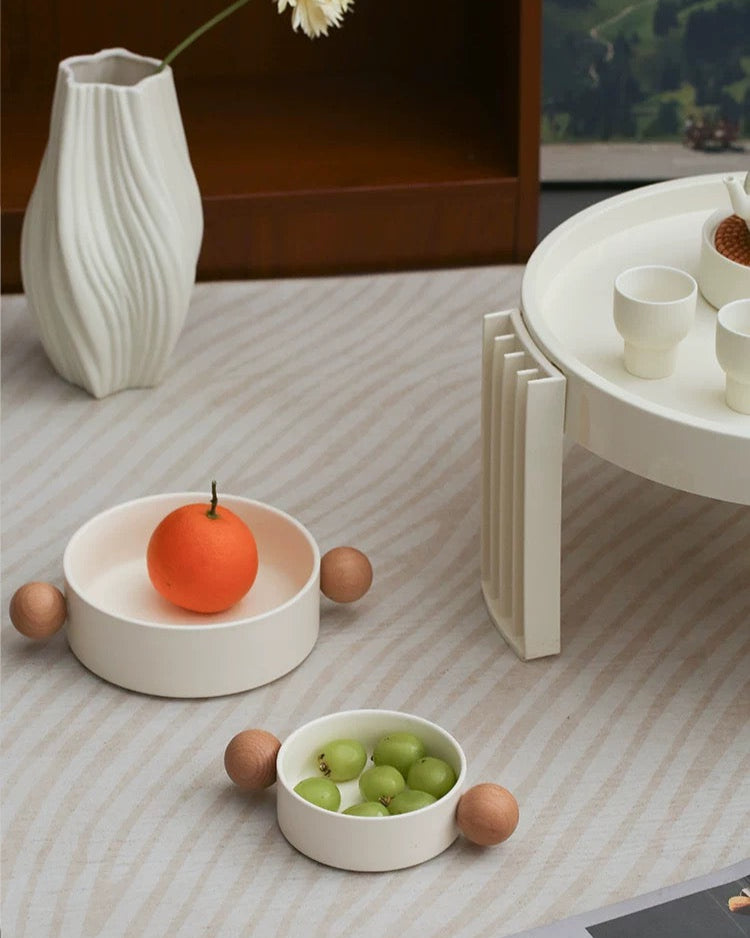 Cream Ceramic Snack Tray | Wooden Handles Untable 4