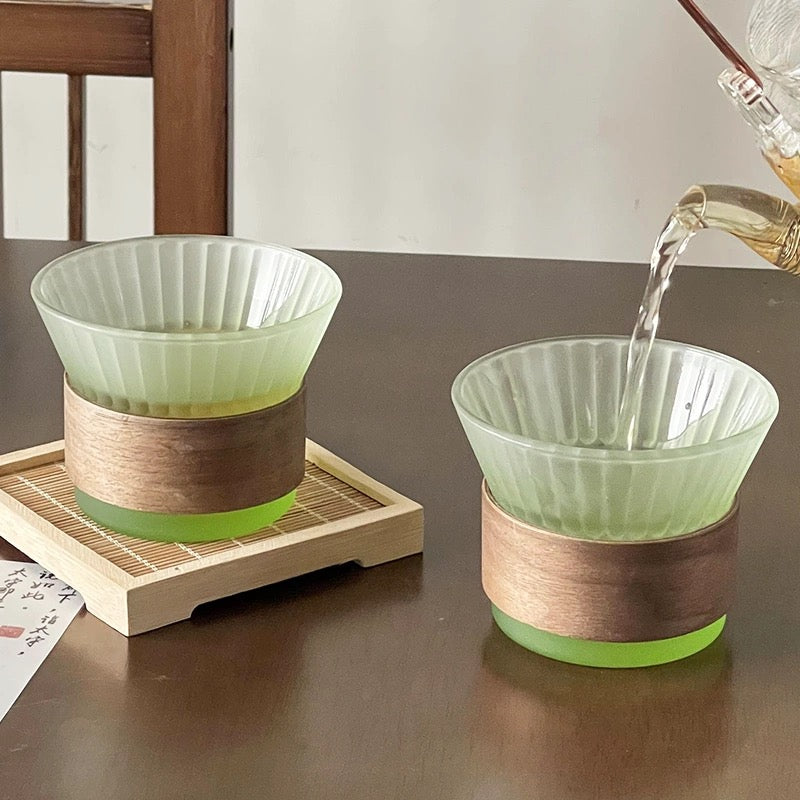 Gradient Fluted Glass Cup | Bamboo Sleeve