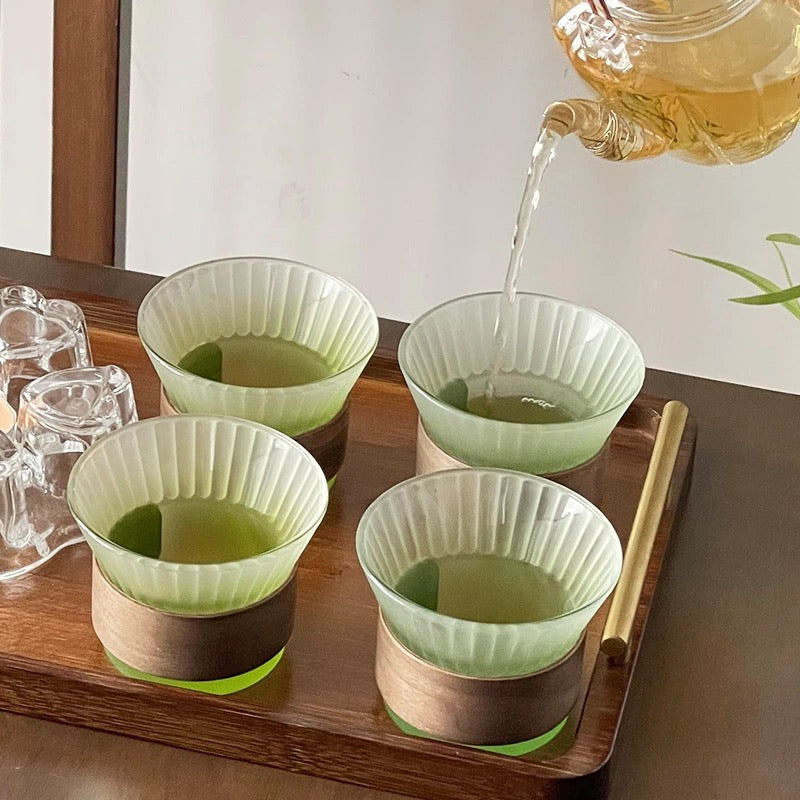 Gradient Fluted Glass Cup | Bamboo Sleeve
