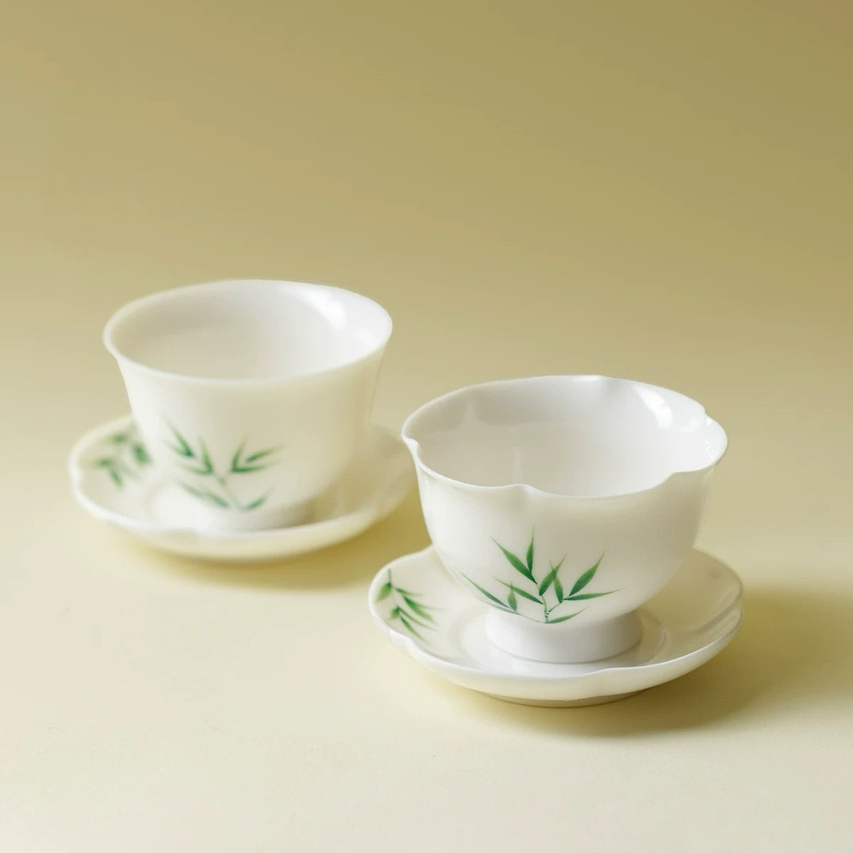 里作 玉瓷手绘青竹花口茶杯功夫茶具高颜值主人杯女士个人品茗杯 花口杯