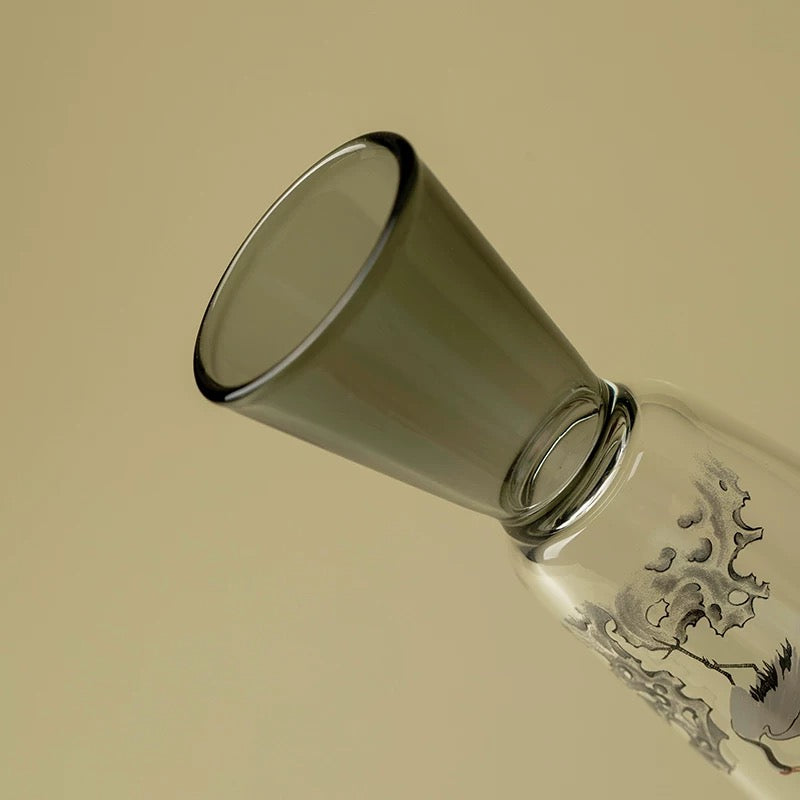 里作新中式墨彩仙鹤高足主人杯精致手工创意透明茶杯功夫茶具单杯|青松皓鹤-纤云杯