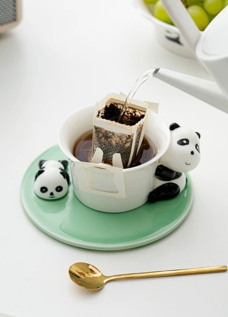 三济原创可爱创意熊猫马克杯家用陶瓷茶杯咖啡杯水杯生日伴手礼物|熊猫咖啡杯(荷青)