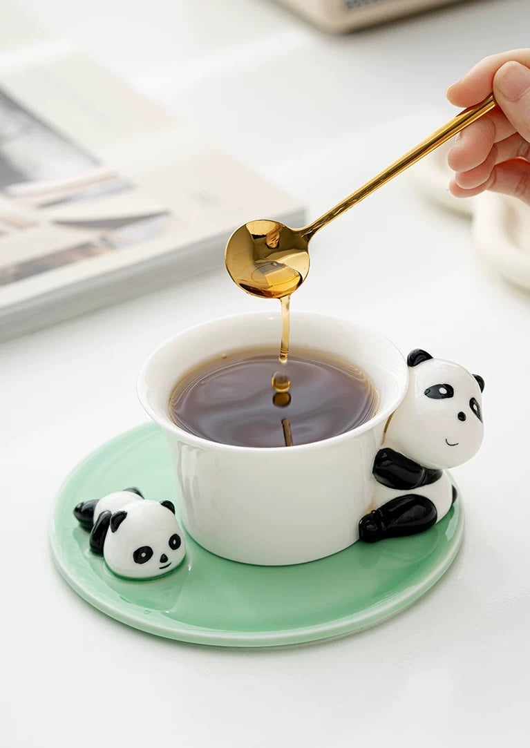 三济原创可爱创意熊猫马克杯家用陶瓷茶杯咖啡杯水杯生日伴手礼物|熊猫咖啡杯(荷青)