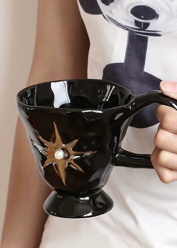 CMYD原创设计感高脚星芒珍珠陶瓷马克杯情侣对杯生日礼物咖啡杯子