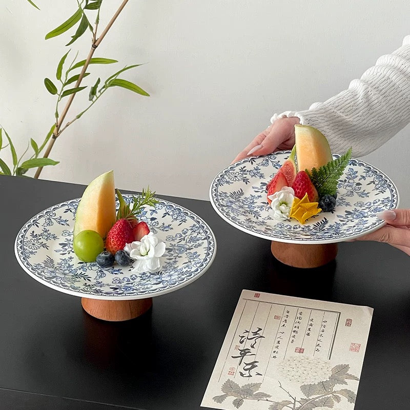 Vintage Blue Floral Footed Plate | Ceramic & Wood Untable 1