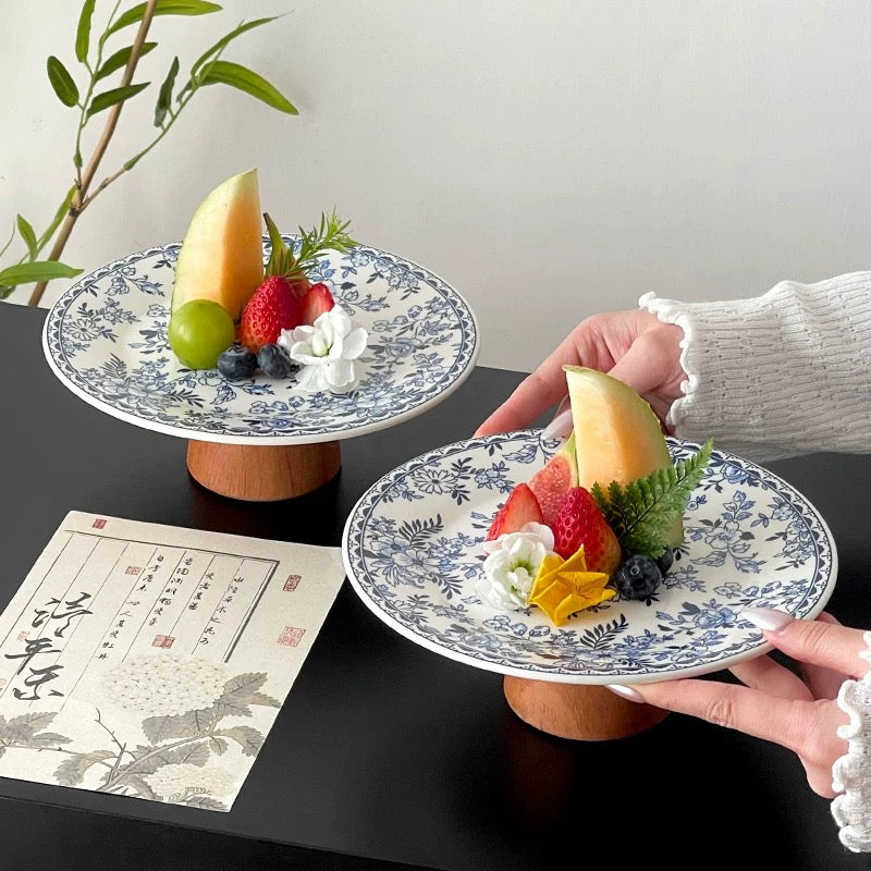 Vintage Blue Floral Footed Plate | Ceramic & Wood Untable 2