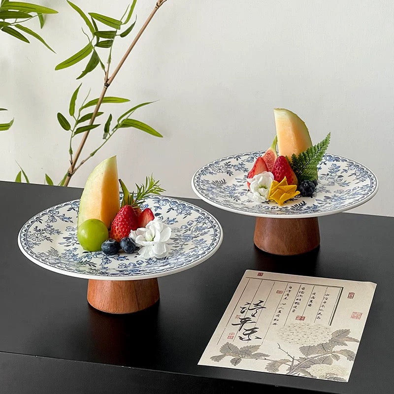 Vintage Blue Floral Footed Plate | Ceramic & Wood Untable 4