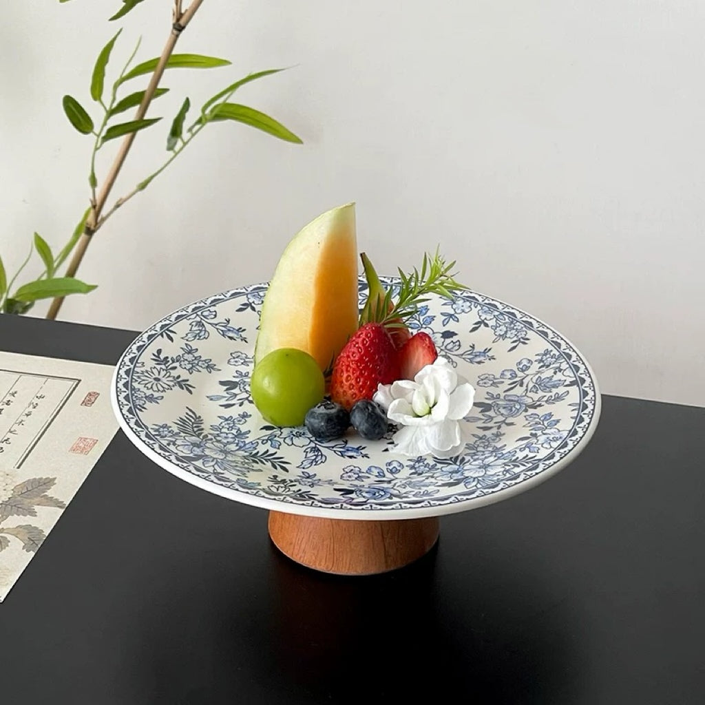 Vintage Blue Floral Footed Plate | Ceramic & Wood Untable 6