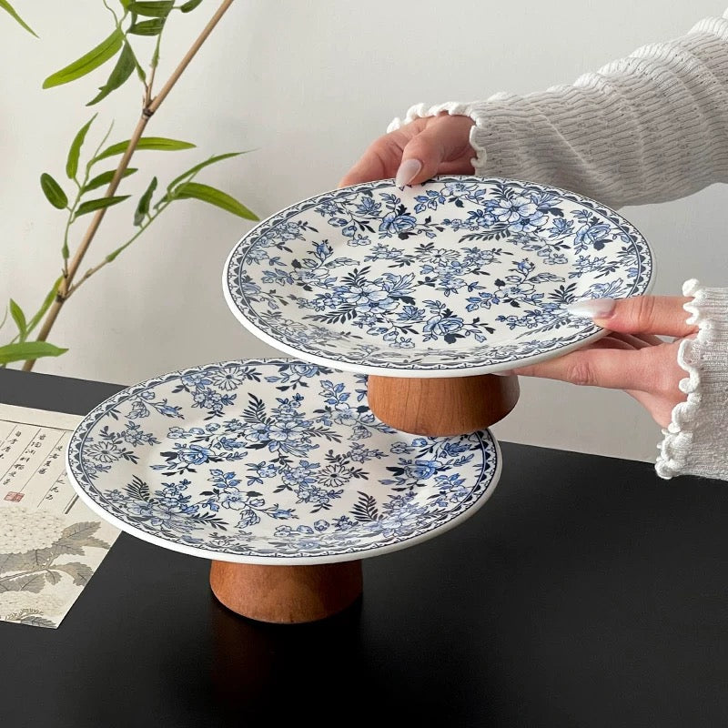Vintage Blue Floral Footed Plate | Ceramic & Wood Untable 8