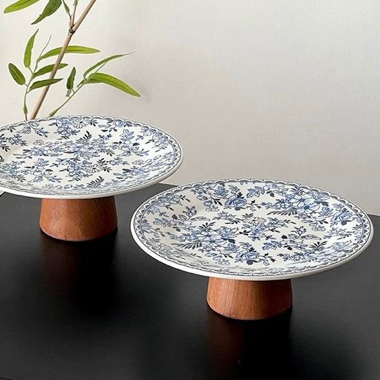 Vintage Blue Floral Footed Plate | Ceramic & Wood Untable 9