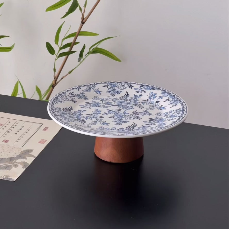 Vintage Blue Floral Footed Plate | Ceramic & Wood Untable 7