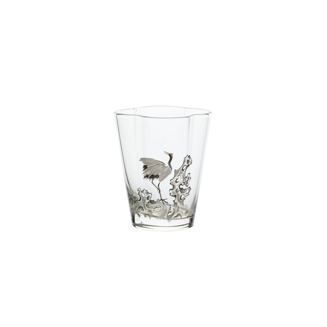 里作 墨彩松鹤玻璃花口茶杯透明绿品茗杯新中式主人杯透明品茗杯