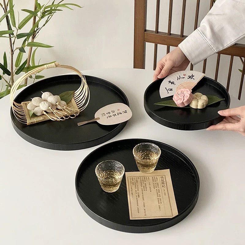 Black Wooden Round Tray Untable 1