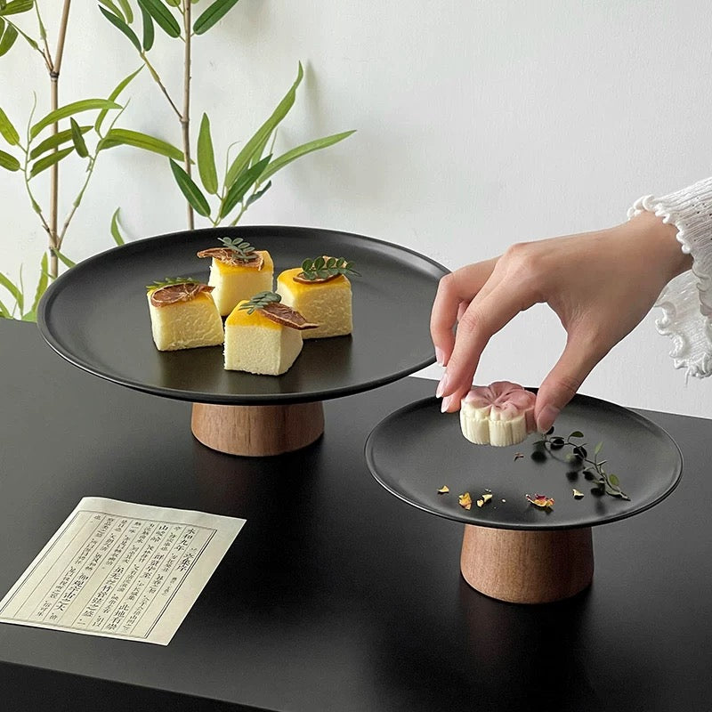 Black Pedestal Tray | Stainless & Wood