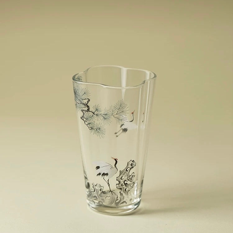 里作 墨彩松鹤玻璃花口茶杯透明绿品茗杯新中式主人杯透明品茗杯