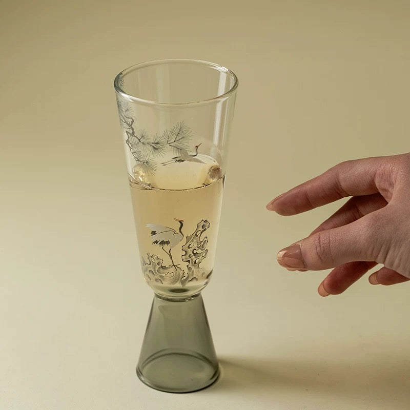 里作新中式墨彩仙鹤高足主人杯精致手工创意透明茶杯功夫茶具单杯｜青松皓鹤-纤云杯