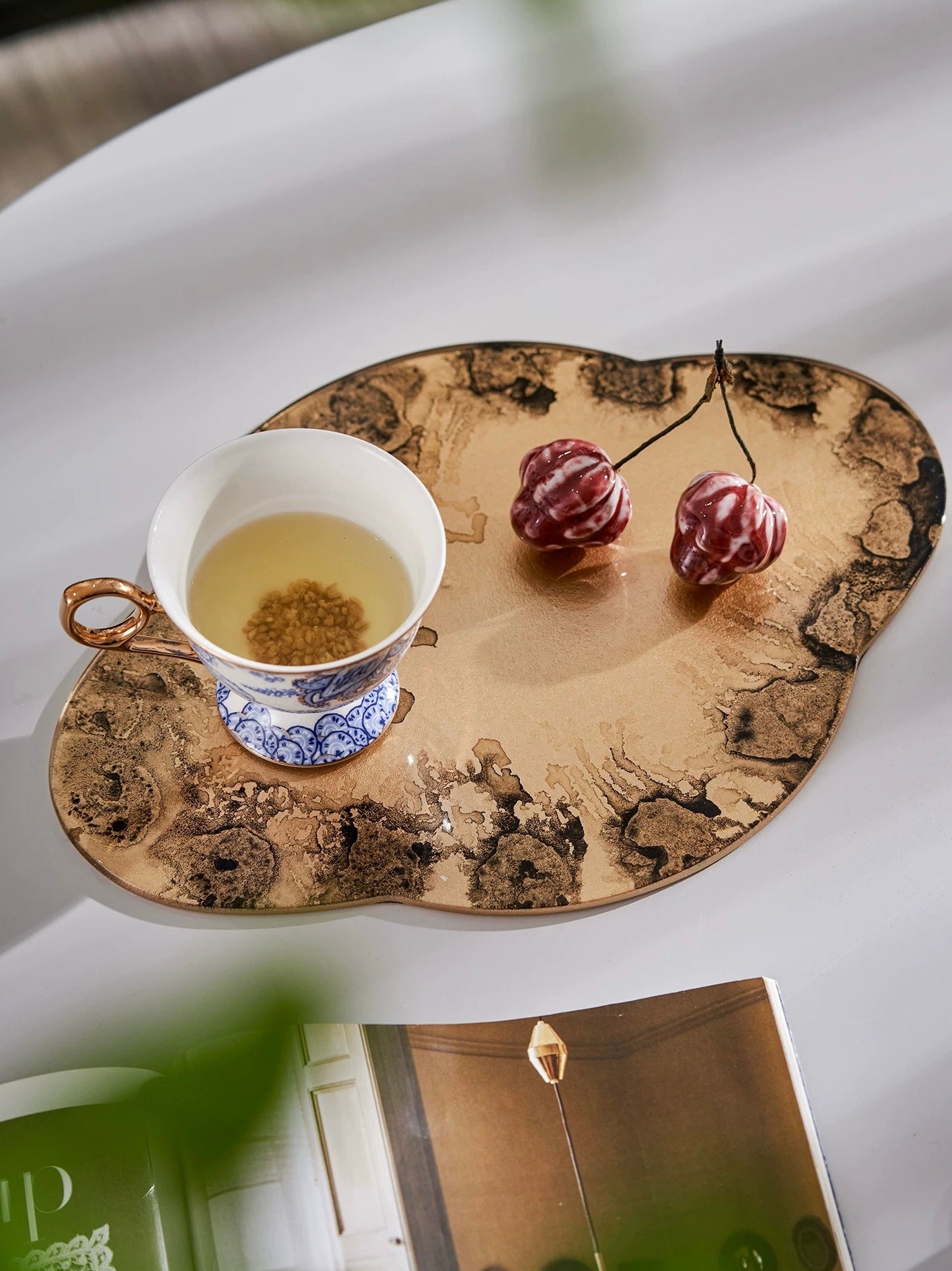 中古家居摆件疗愈空间布置高端首饰金色玻璃小托盘茶盘茶几软装
