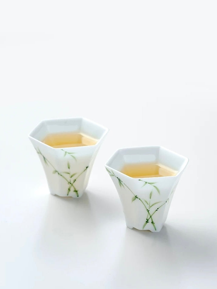 「冰种玉瓷」纯手绘品茗杯竹韵六方主人杯功夫茶杯复古陶瓷家用单