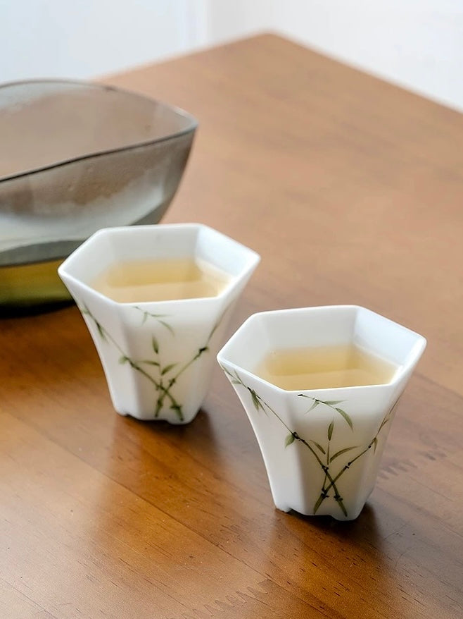 「冰种玉瓷」纯手绘品茗杯竹韵六方主人杯功夫茶杯复古陶瓷家用单