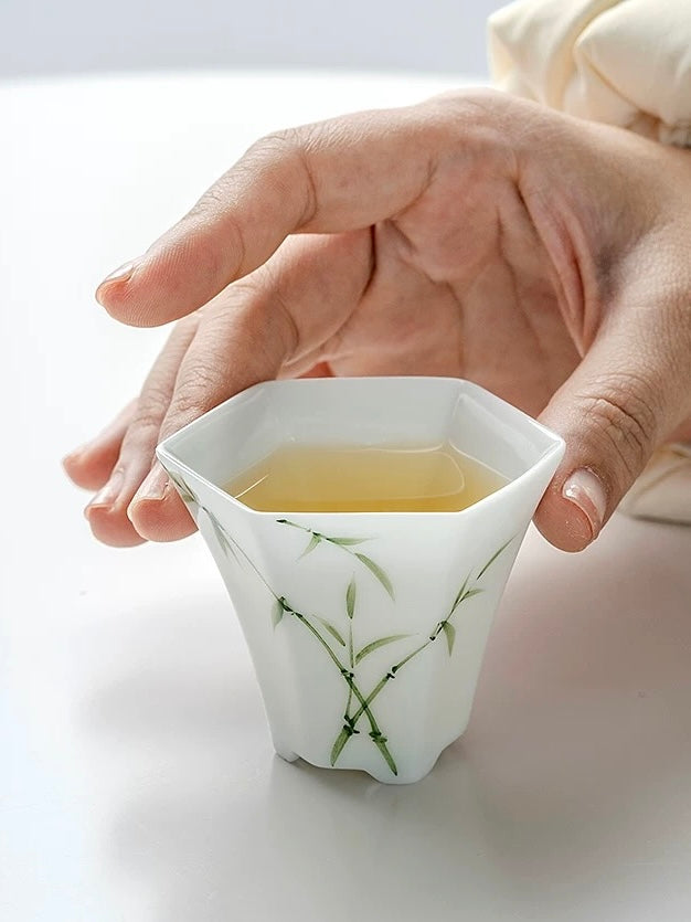 「冰种玉瓷」纯手绘品茗杯竹韵六方主人杯功夫茶杯复古陶瓷家用单