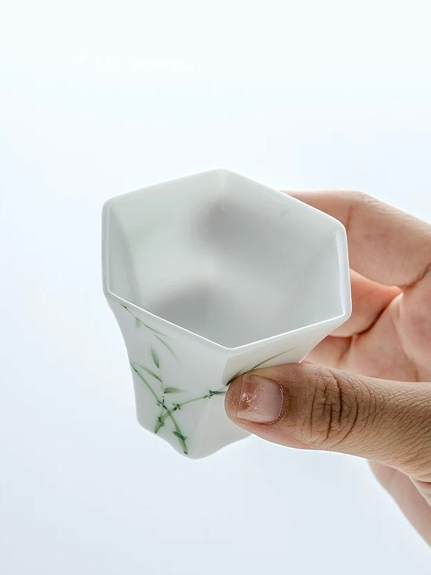 「冰种玉瓷」纯手绘品茗杯竹韵六方主人杯功夫茶杯复古陶瓷家用单