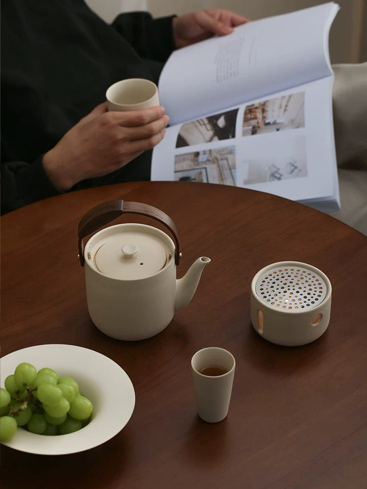 宜集堂INS中古提梁茶壶套装陶瓷温茶围炉小型泡茶大容量家用茶具 Tea Song茶壶__一壶两杯_卡其灰