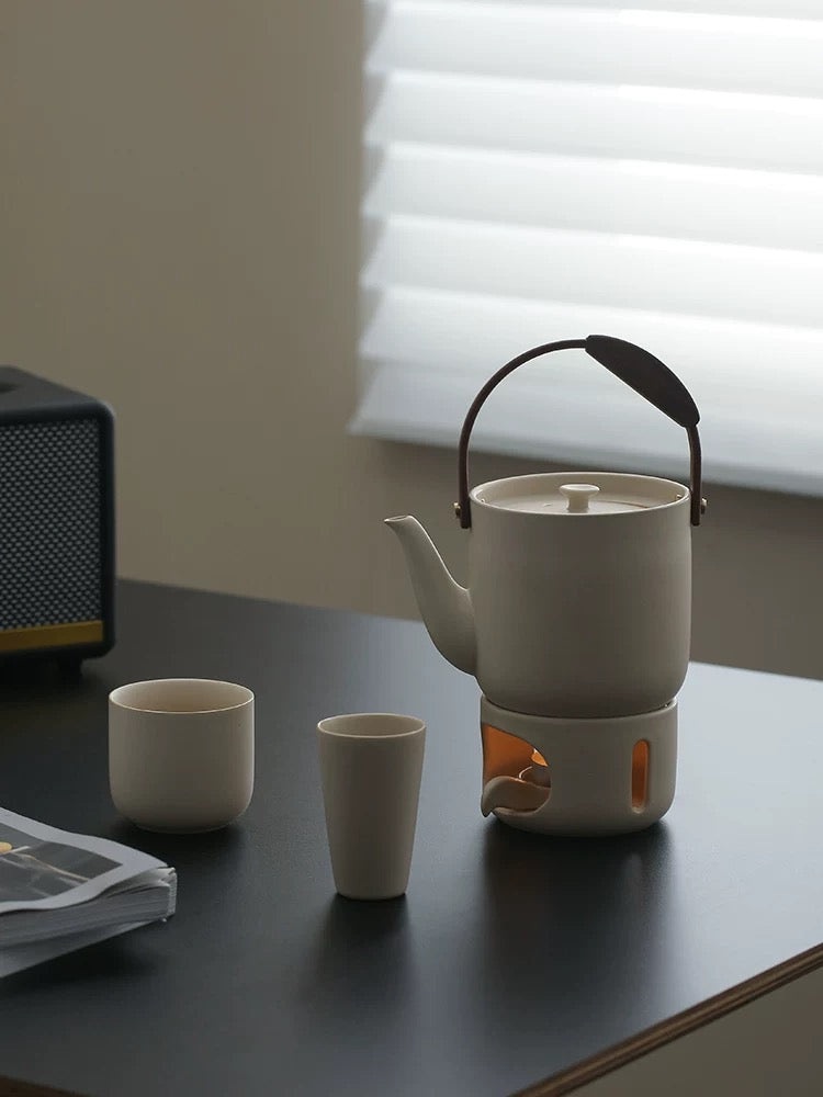 宜集堂INS中古提梁茶壶套装陶瓷温茶围炉小型泡茶大容量家用茶具 Tea Song茶壶__一壶两杯_卡其灰