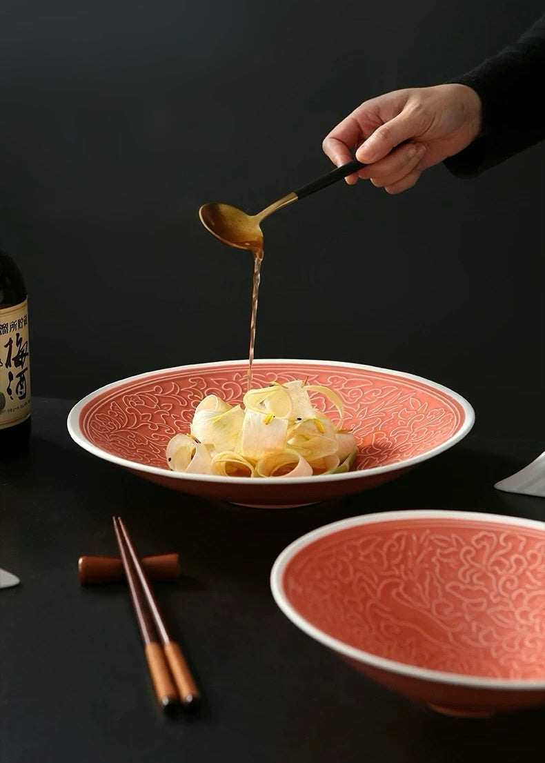 中式经典复古鹿纹斗笠碗 特色餐具浮雕陶瓷碗11寸凉菜大碗创意盘