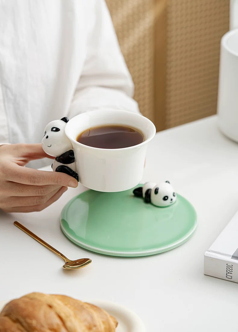 三济原创可爱创意熊猫马克杯家用陶瓷茶杯咖啡杯水杯生日伴手礼物｜熊猫咖啡杯（荷青）