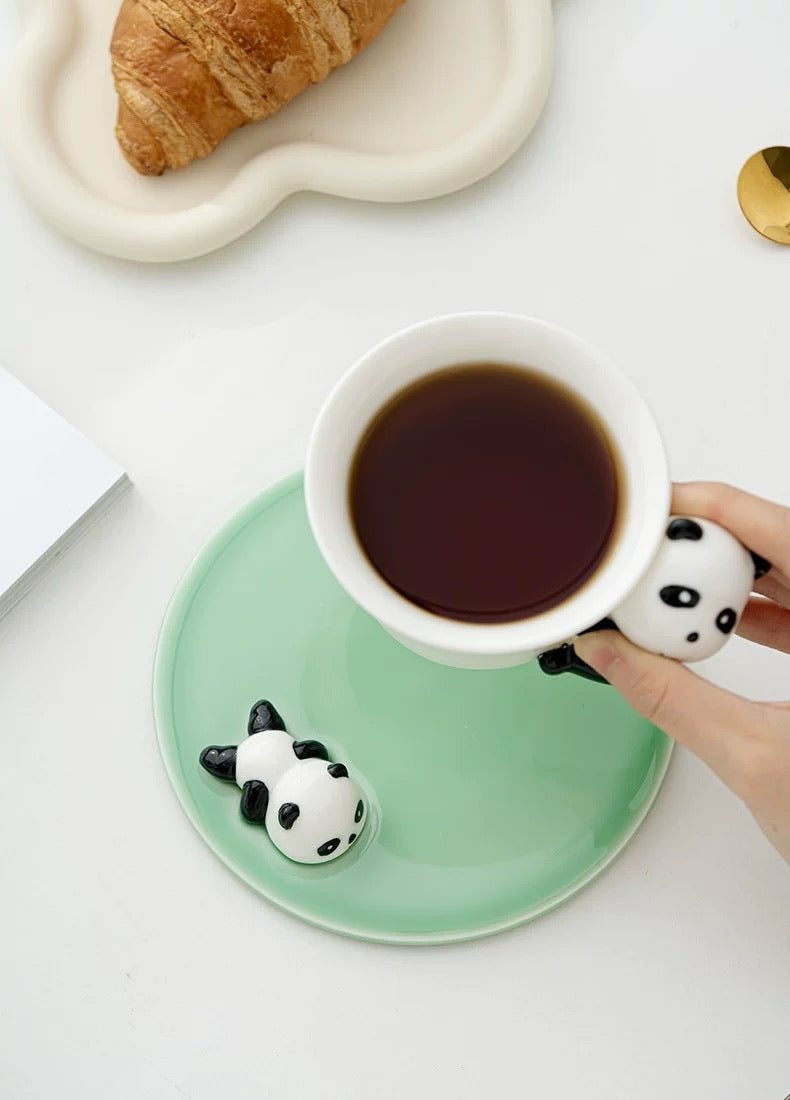 三济原创可爱创意熊猫马克杯家用陶瓷茶杯咖啡杯水杯生日伴手礼物｜熊猫咖啡杯（荷青）