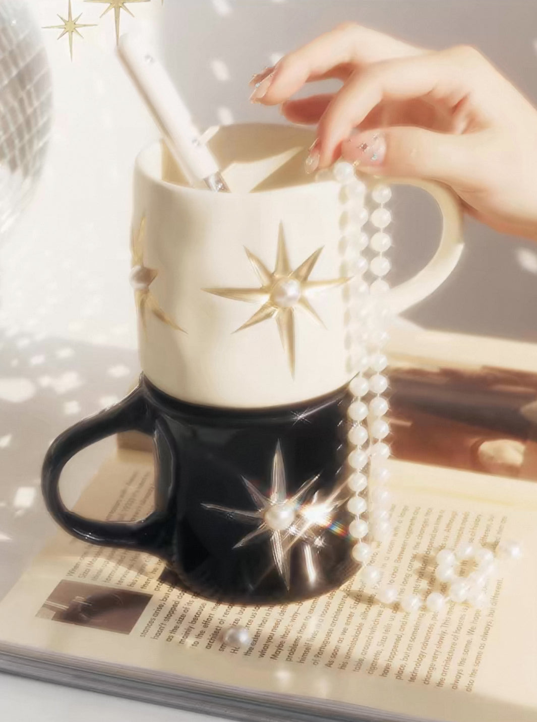 SOREMO 专利星芒杯宝石珍珠陶瓷杯马克杯复古神秘送礼物情侣水杯