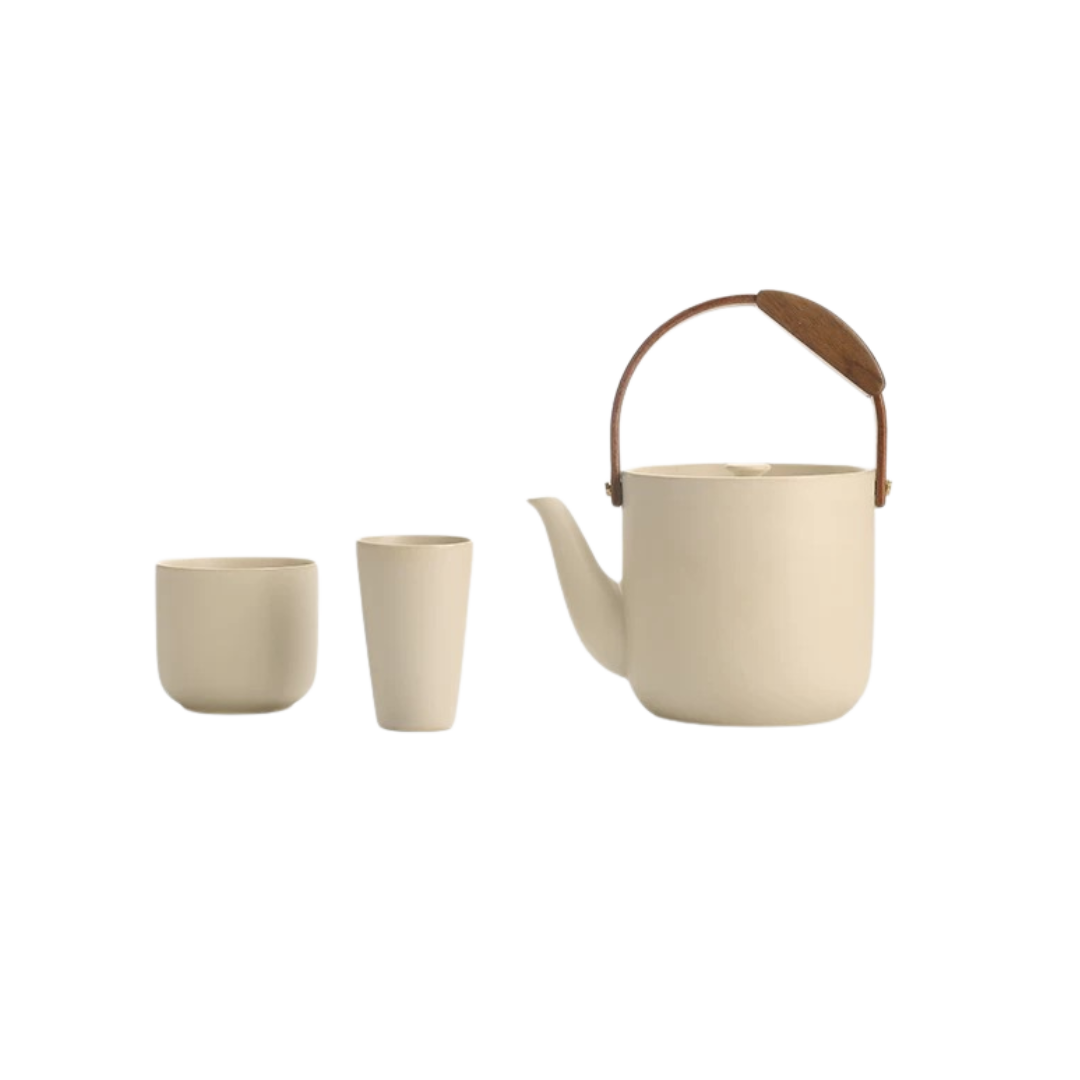 宜集堂INS中古提梁茶壶套装陶瓷温茶围炉小型泡茶大容量家用茶具 Tea Song茶壶__一壶两杯_卡其灰