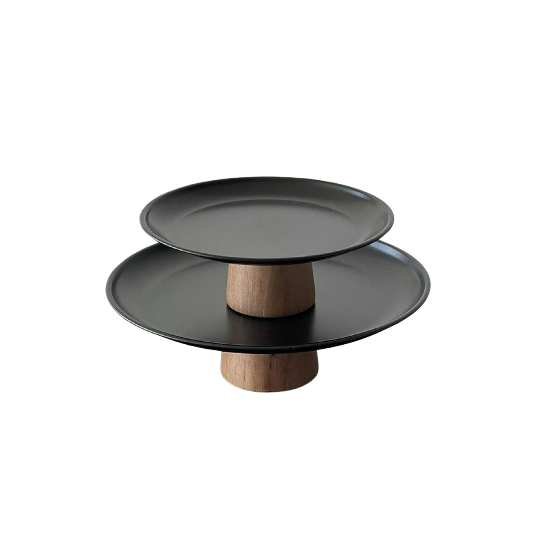 Black Pedestal Tray | Stainless & Wood