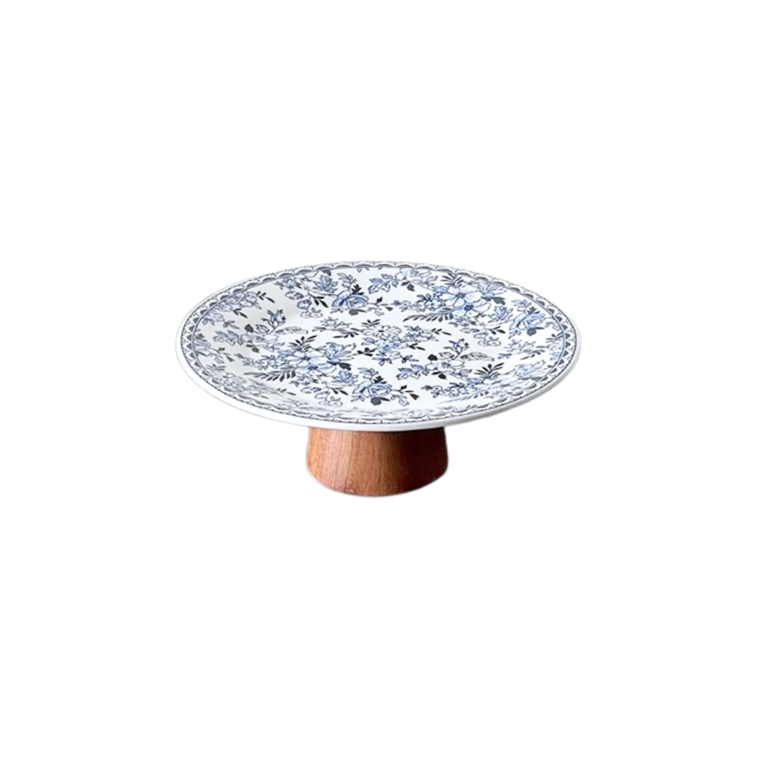 Vintage Blue Floral Footed Plate | Ceramic & Wood Untable